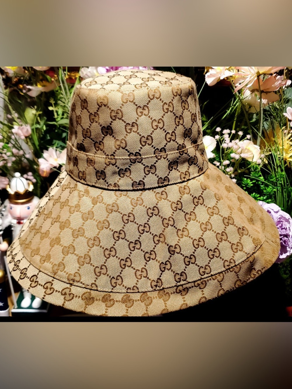 Beige Monogram Large Jacquard Canvas Bucket Hat w Wide Brim Beach Sun Coverage - Picture 14 of 14